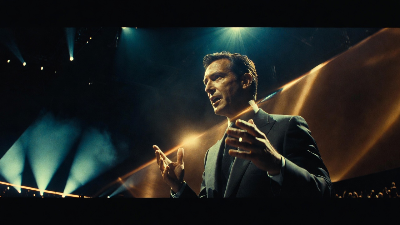 Tight portrait of a male keynote speaker mid-gesture, dramatic stage lighting, theatrical haze
