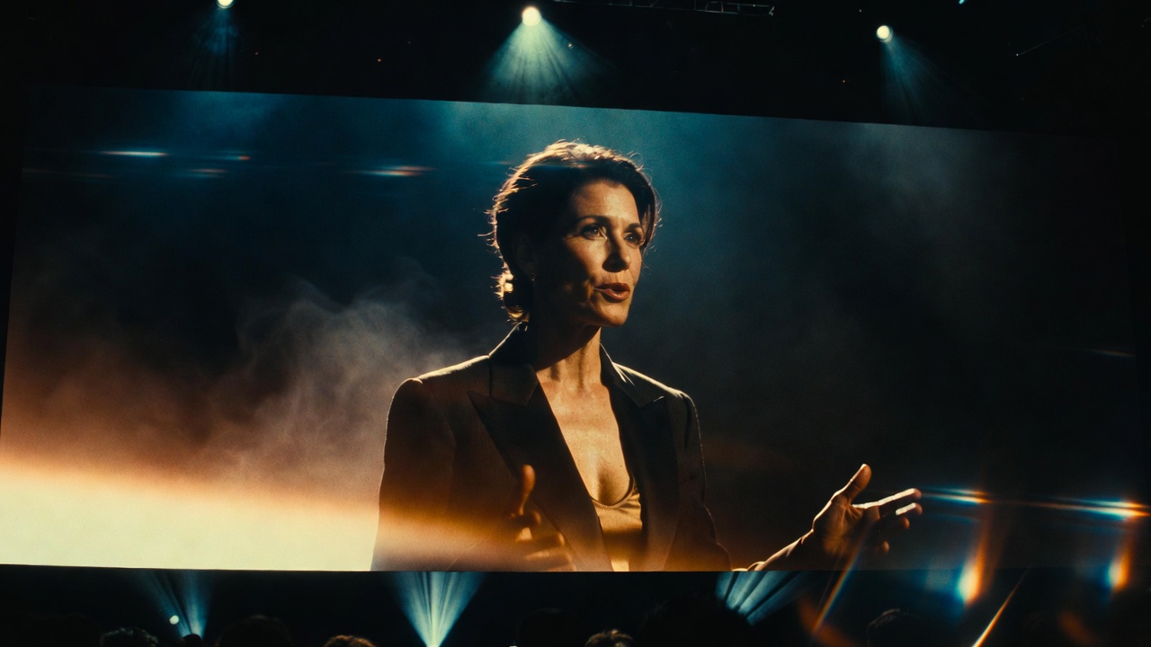 Tight portrait of a female keynote speaker mid-gesture, golden light, theatrical haze