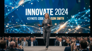 Female keynote speaker mid-gesture on stage at INNOVATE 2024 with packed audience