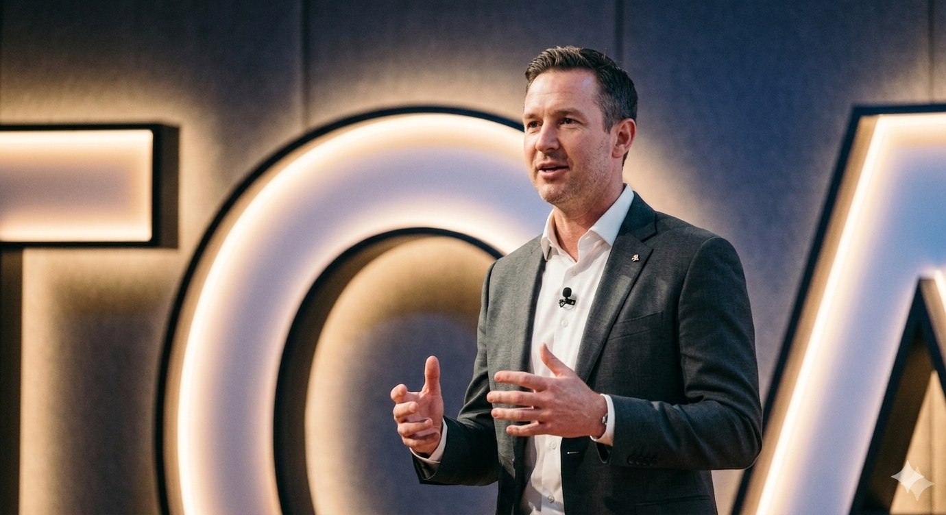 Tight portrait of a keynote speaker mid-gesture on a TCAA stage