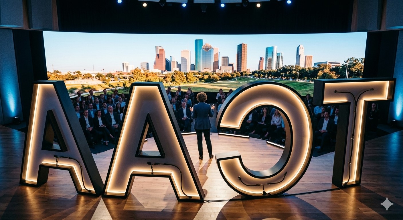 Wide view of a TCAA event stage with illuminated letters and a city skyline panel behind