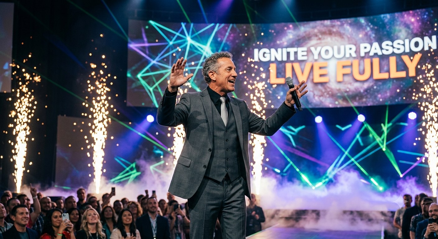Executive on stage mid-keynote, hands raised in conviction, pyrotechnics behind