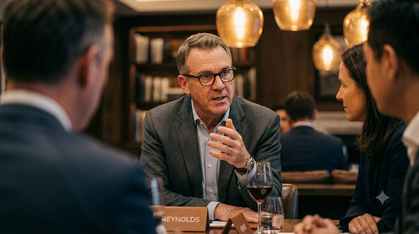 Peer conversation between two executives across a private dinner table, others engaged in conversation in soft focus