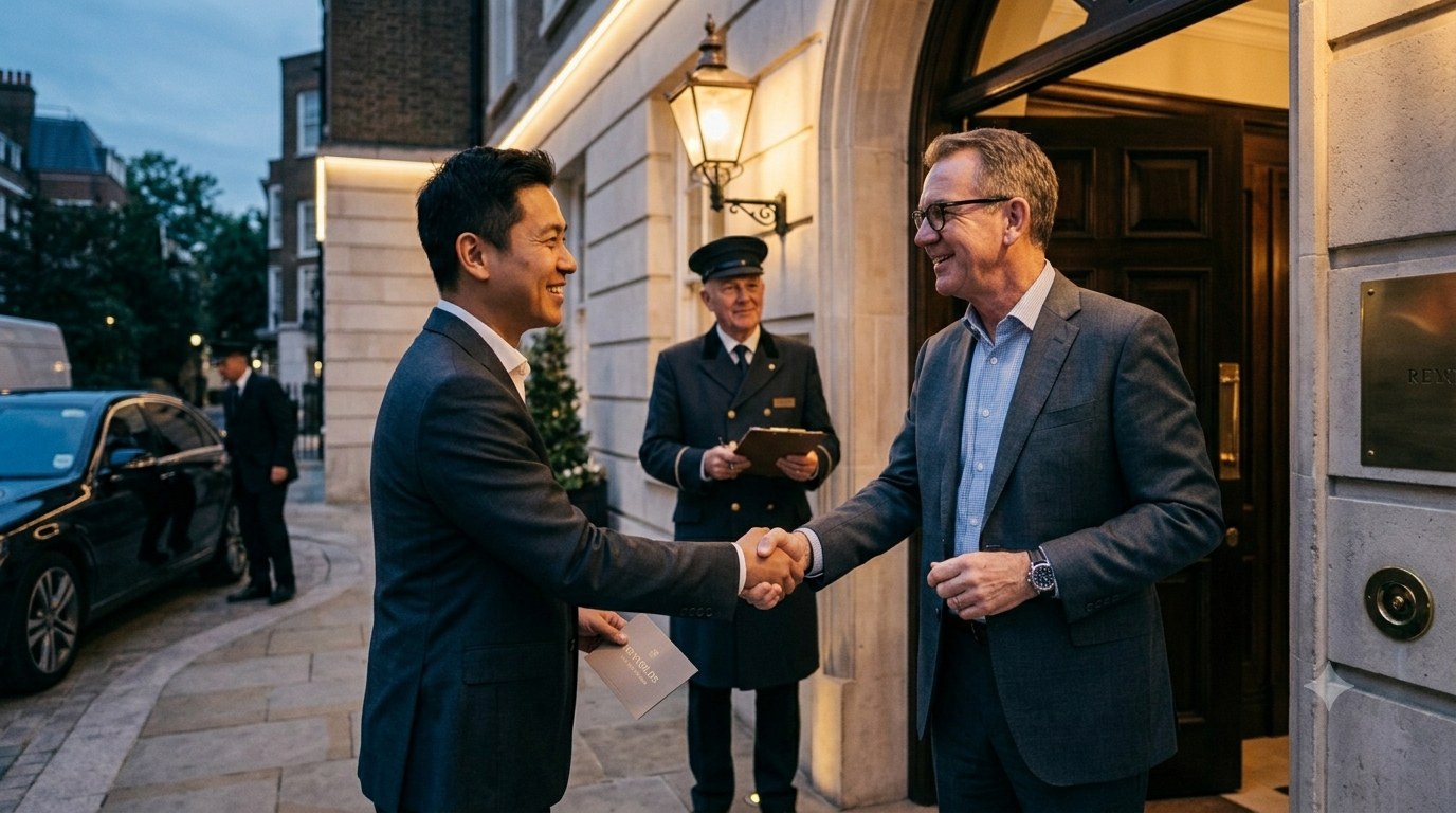 Two senior executives shaking hands at the entrance to a private dinner, doorman in background, evening light