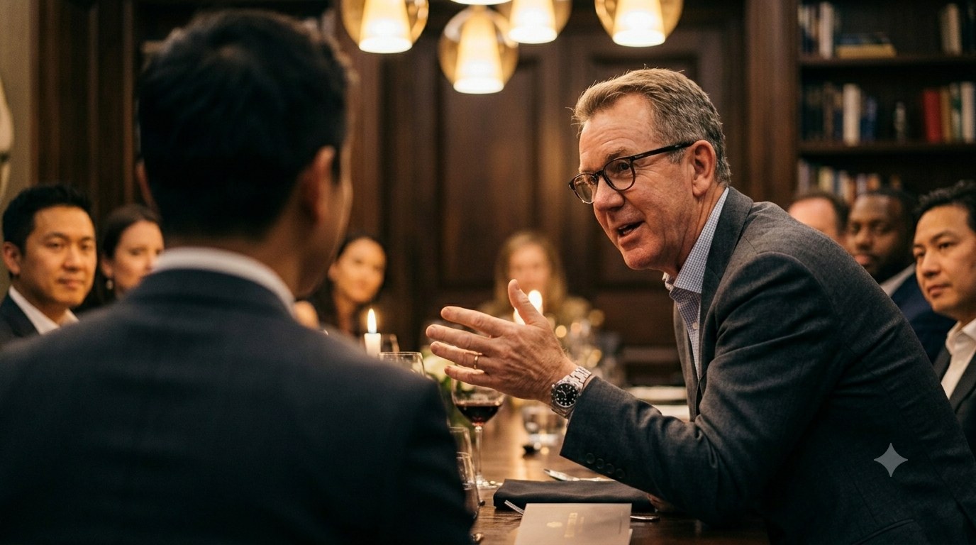 Tight portrait of a senior executive mid-sentence at a private roundtable dinner, peers leaning in to listen