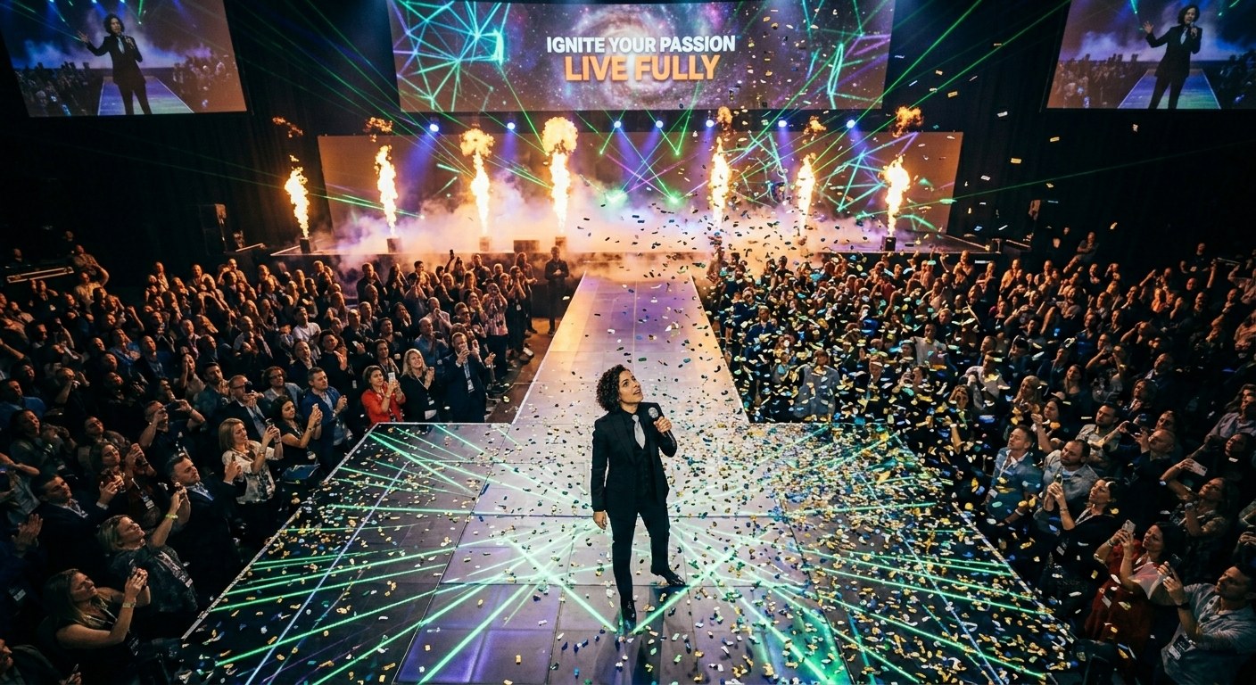 Wide view of a runway-stage keynote with confetti, pyrotechnics, and audience on both sides