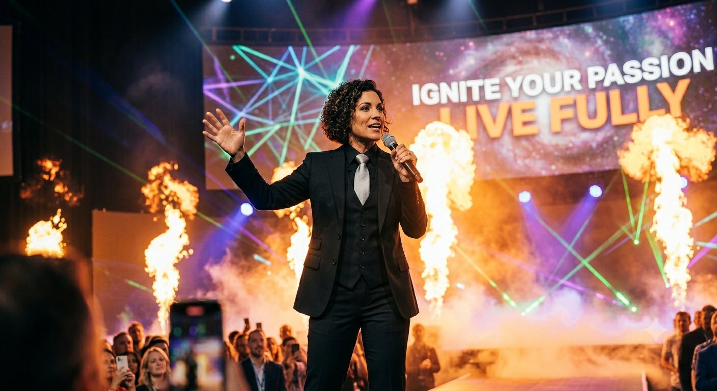 Female executive mid-keynote with pyrotechnics and an engaged audience visible