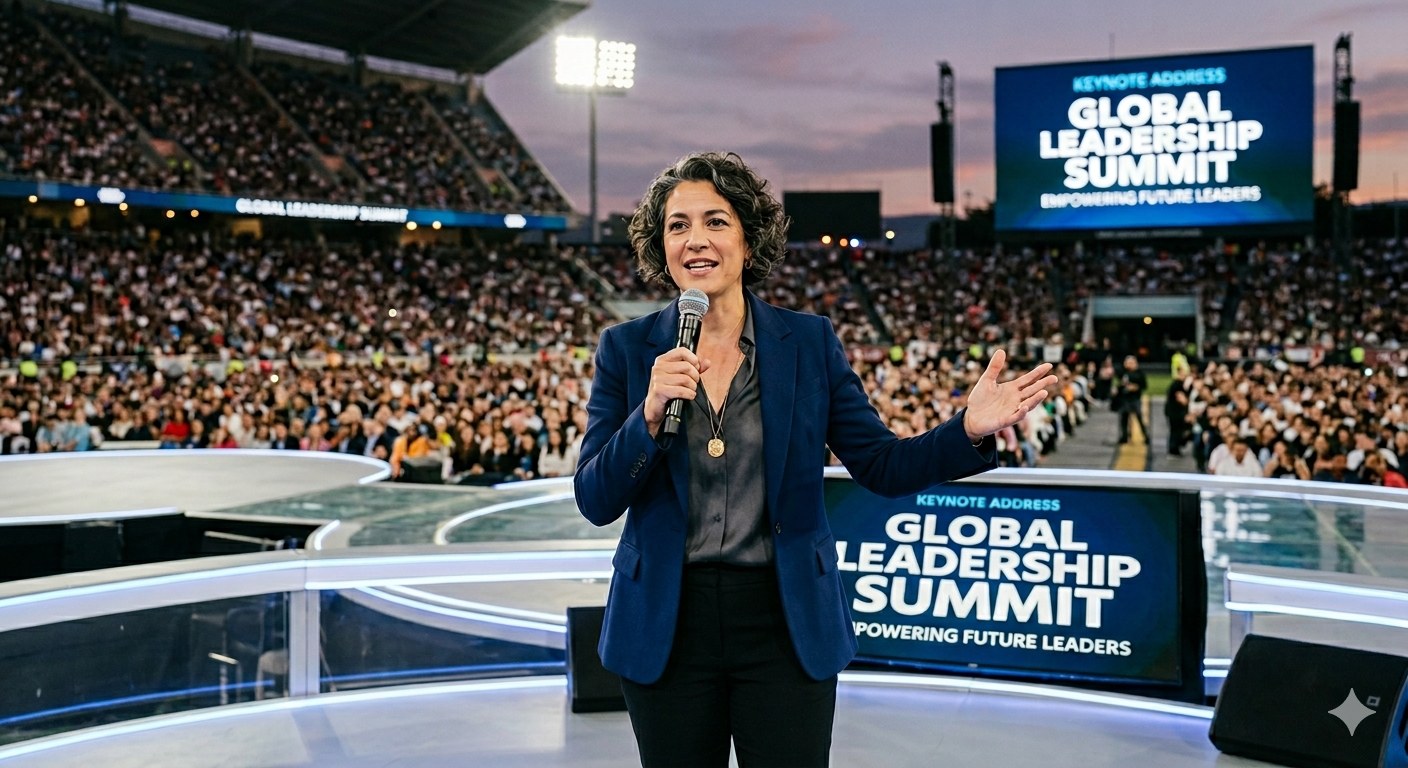 Female keynote speaker mid-gesture on a stadium leadership summit stage, audience visible behind