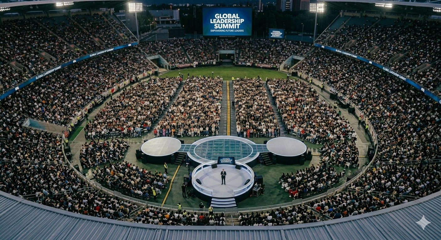 Aerial view of a stadium leadership summit, circular stage centered in a sea of attendees