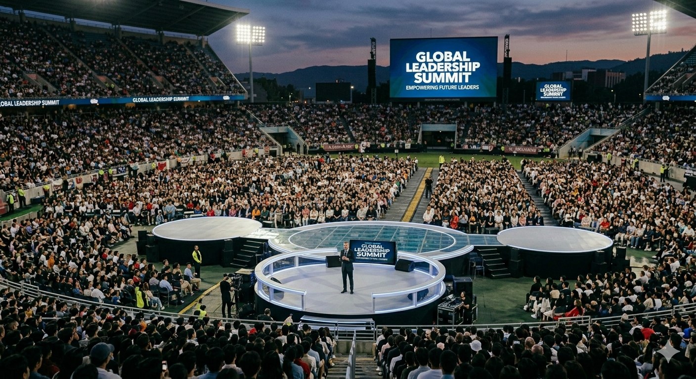 Wide side view of a stadium-scale leadership summit stage with a single speaker and tens of thousands of attendees